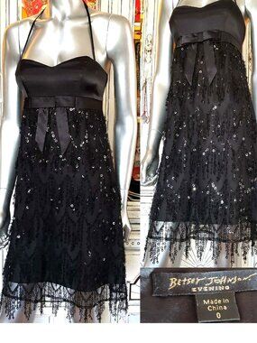 Vintage Betsey Johnson Evening Dress 90s Black Mesh Tiered Fringe Sequin XS 0